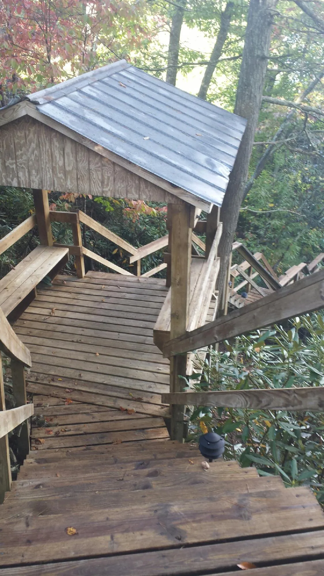 Metal roofed shelter over wooden steps on a wooded walkway — Skylight Repair & Installation work by our crew in Dawsonville